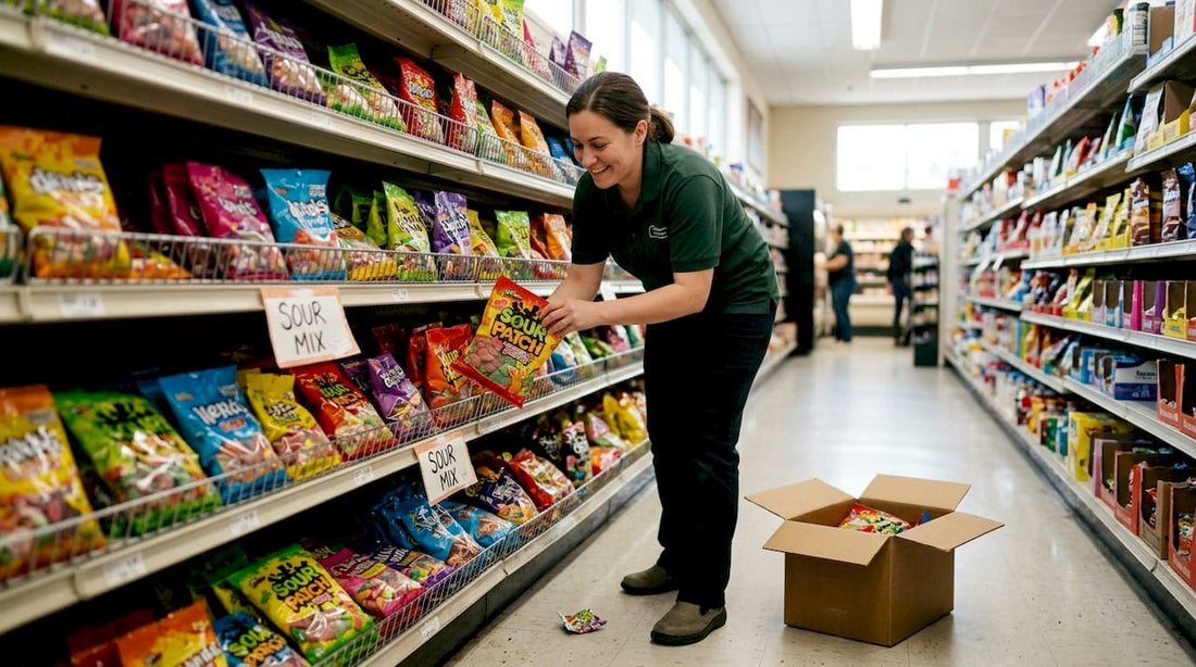 Store employee arranging candy on retail display