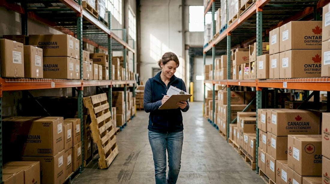 Supervisor walking in Canadian bulk candy warehouse