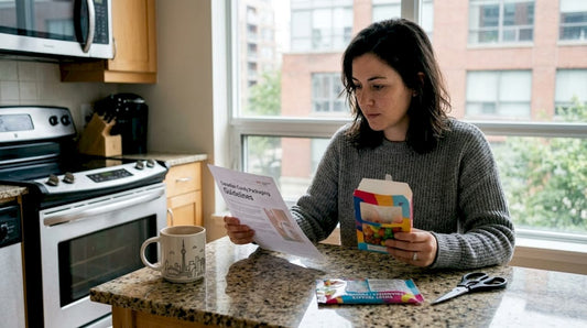 Woman reviewing Canadian candy packaging
