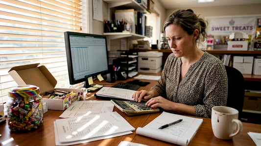 Candy store owner calculating profit margins