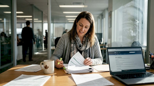 Compliance officer reviewing SFCR paperwork in office