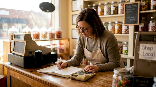 Candy shop owner reviewing sales at counter