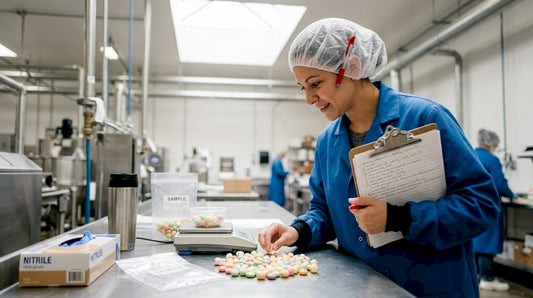 Technician inspecting freeze dried candy samples