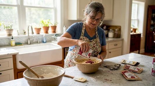 Baker adding freeze-dried fruit to cake batter