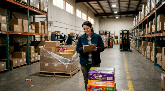 Warehouse supervisor inspects candy shipment boxes