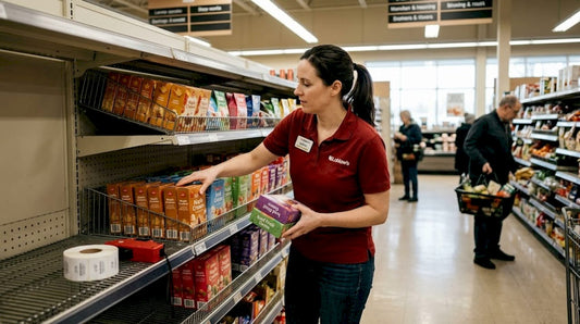 Manager stocking seasonal candy on supermarket shelves