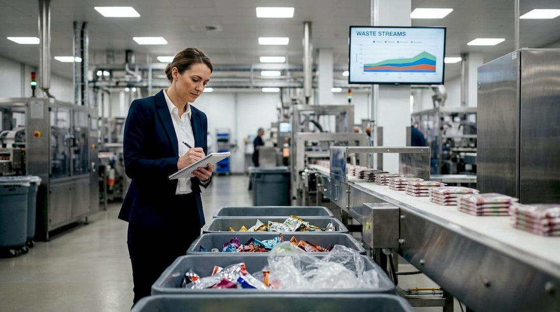 Manager inspecting waste at candy plant