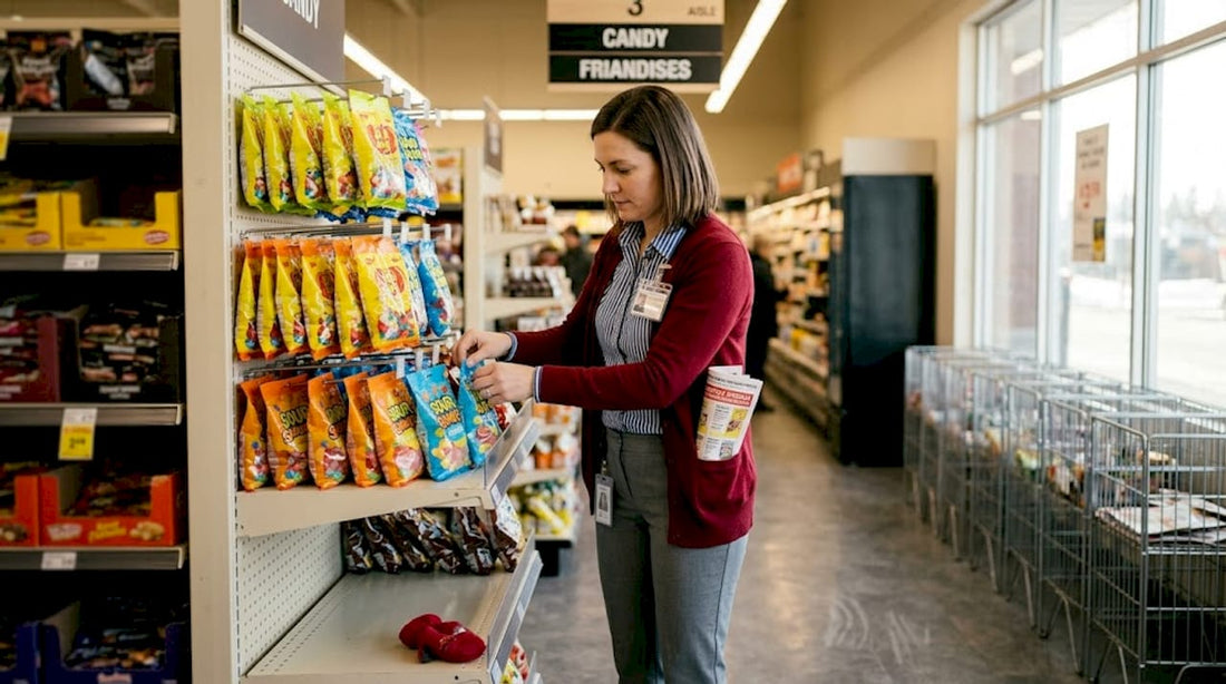 Manager stocking private label candy shelf