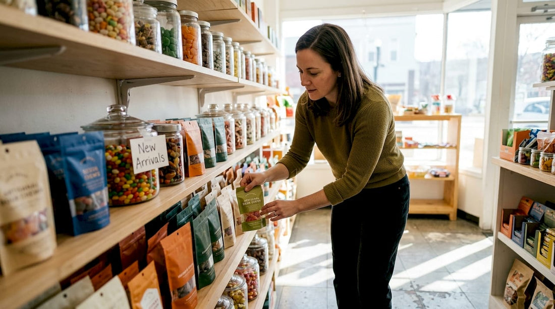Store manager arranging packaged candy display