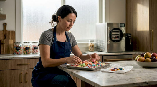 Woman examines freeze dried candy tray in kitchen