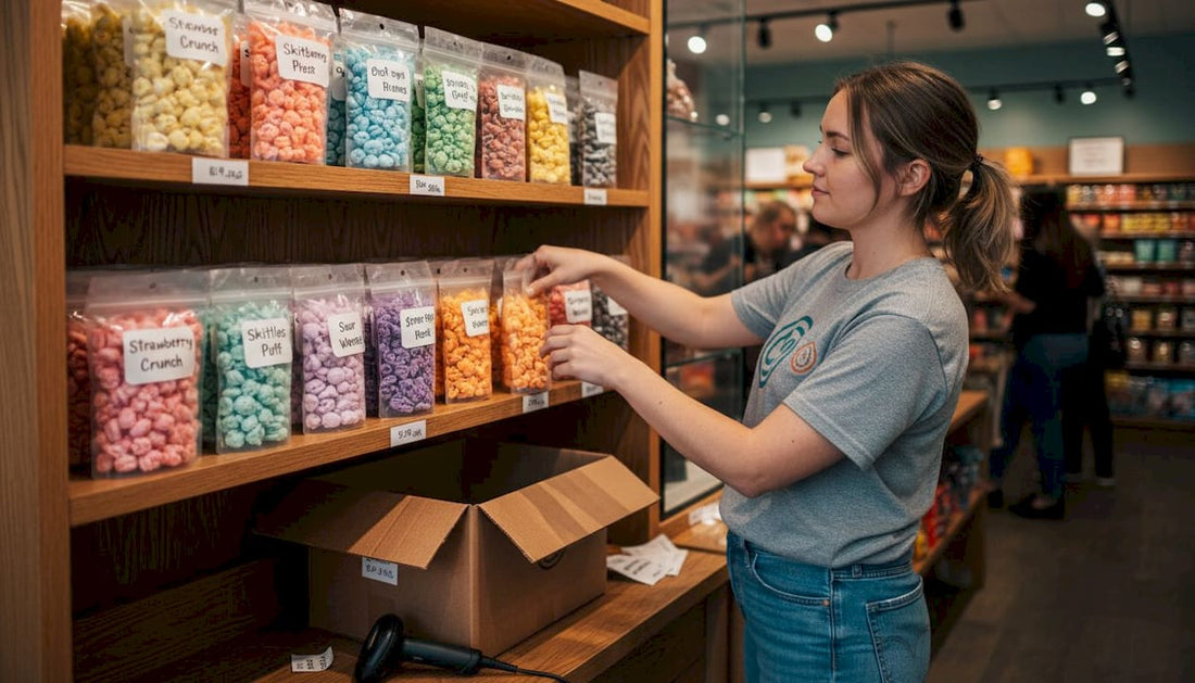 Shop employee stocking freeze-dried candy shelf