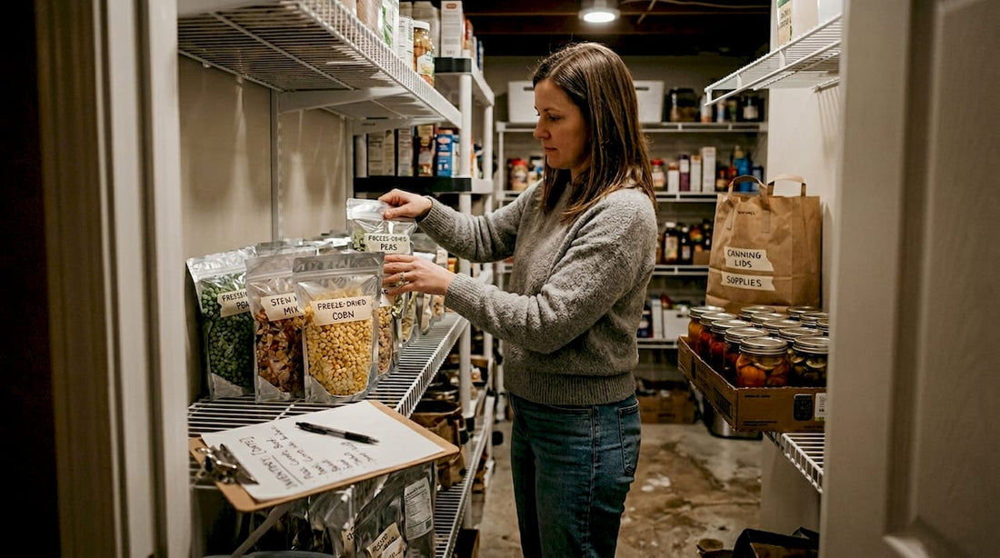 Woman organizing freeze dried food bags in pantry