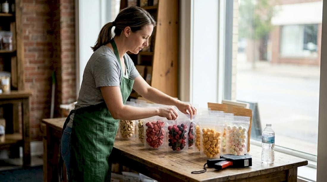 Retail worker arranging freeze-dried snacks display