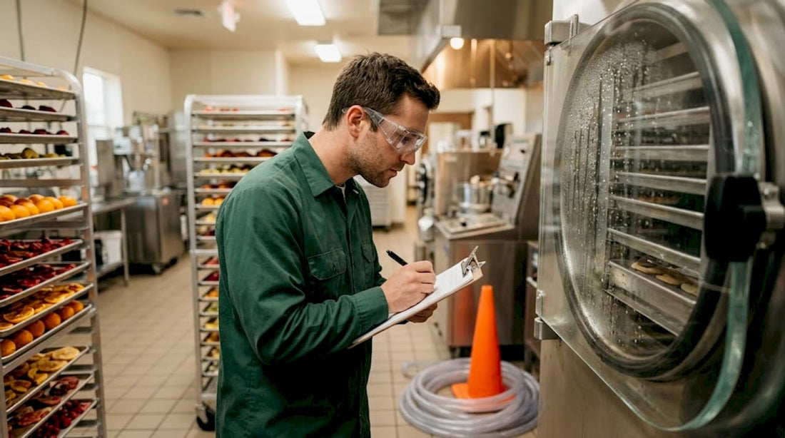 Technician checking freeze-drying machine in factory