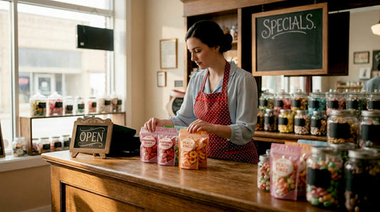 Clerk arranges freeze-dried candy display