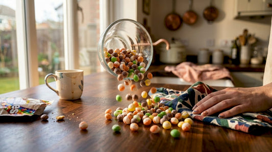 Bowl of freeze dried Skittles in bright kitchen