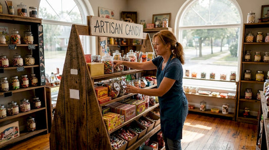 Manager restocking candy gondola shelf