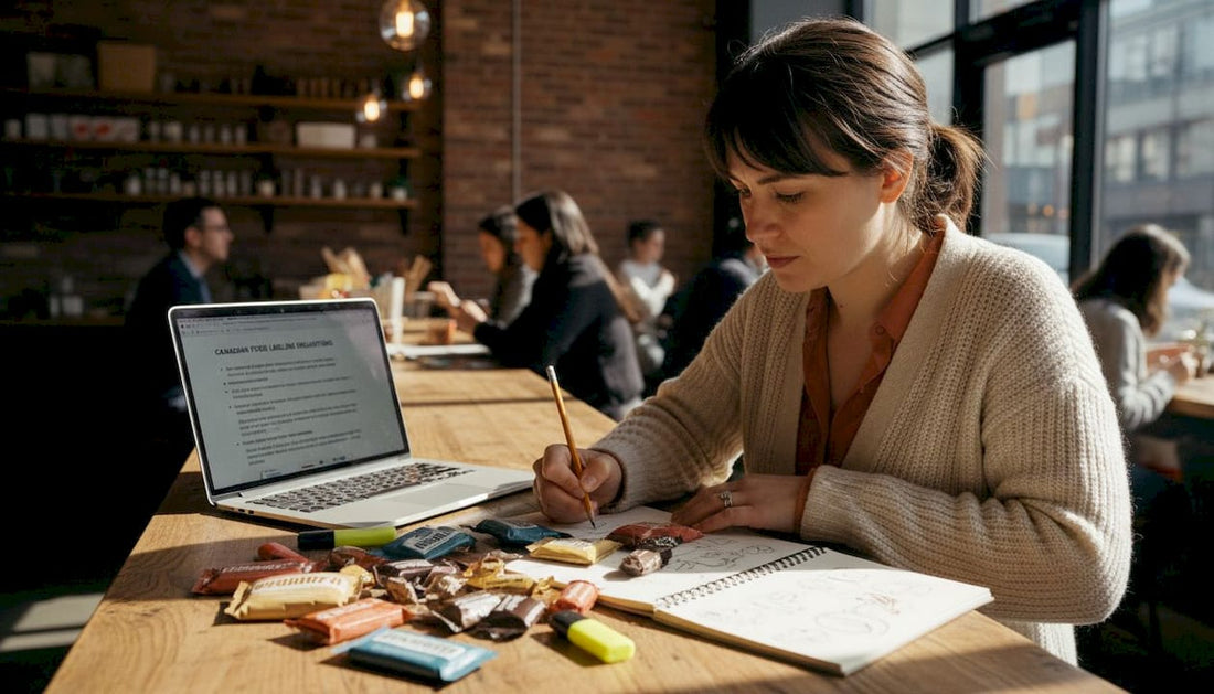 Designer reviews candy packaging for compliance