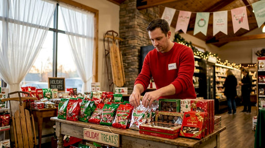 Canadian retailer arranging holiday candy display