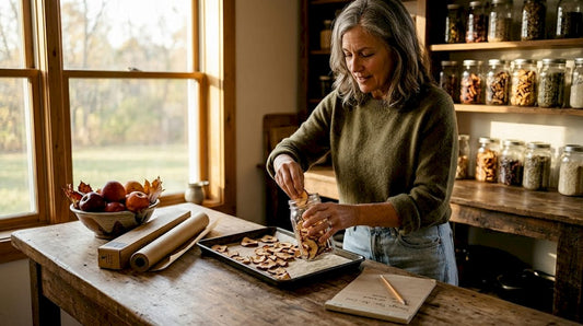 Woman jars dried apples in home kitchen