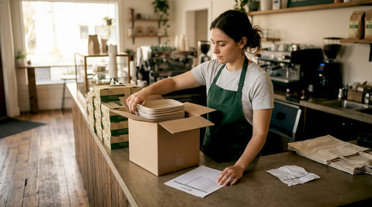 Retail employee unboxing eco-friendly packaging supplies