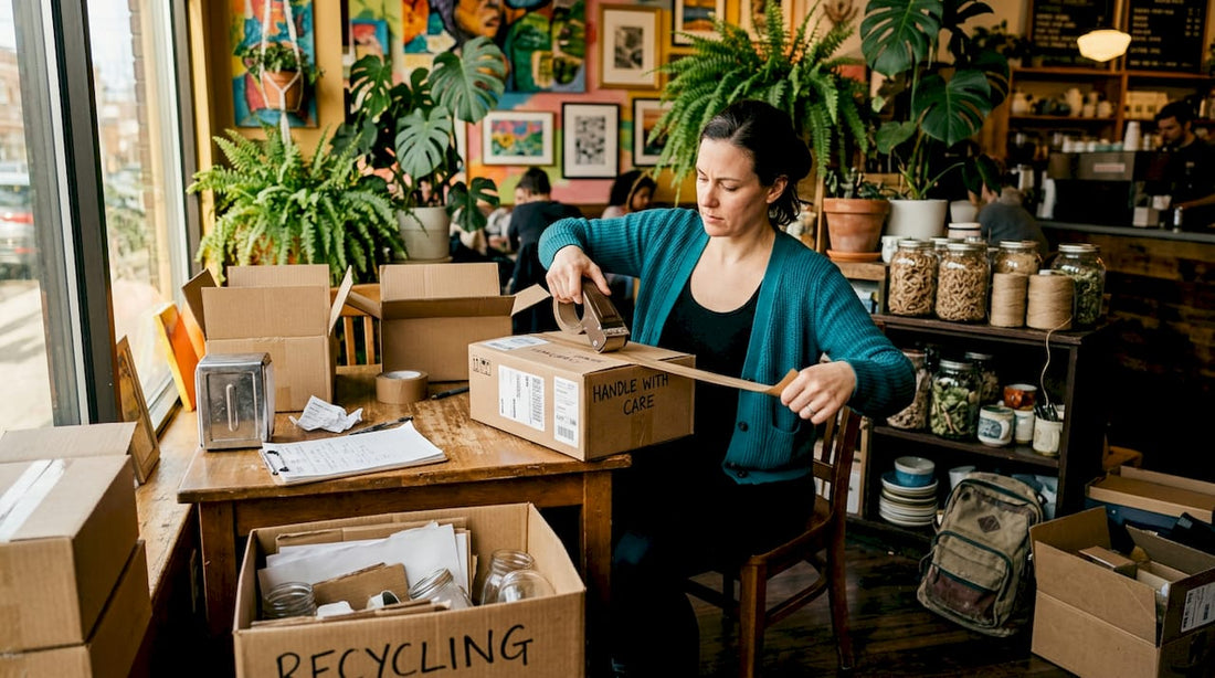 Business owner packing eco-friendly shipment