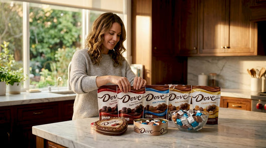 Dove chocolate varieties arranged on kitchen counter