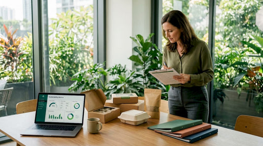 Manager examines eco-friendly packaging samples