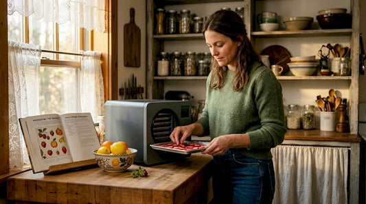 Woman preparing freeze dryer in home kitchen