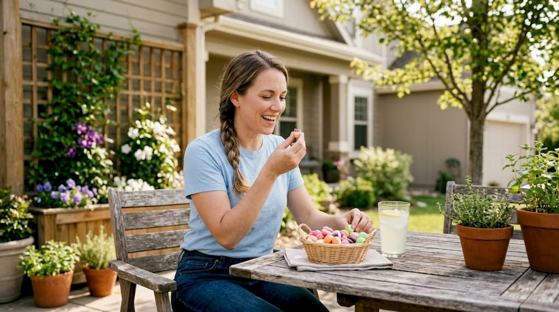 Woman tasting freeze dried candy at kitchen table