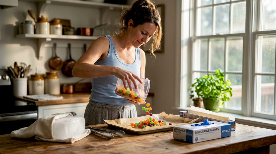 Woman preparing dry ice candy in kitchen
