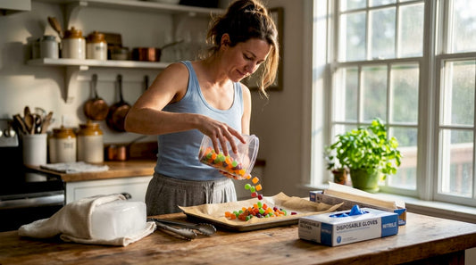 Woman preparing dry ice candy in kitchen