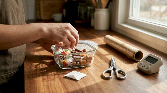 Hands packing candies for freezing in kitchen