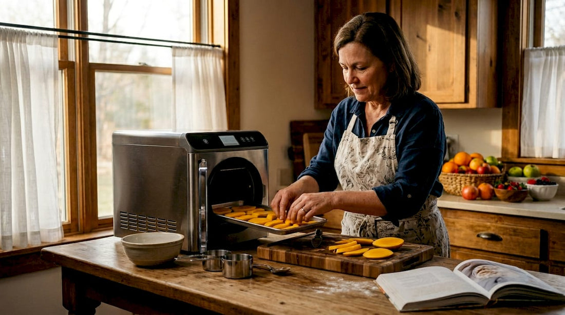 Home cook preparing fruit in kitchen for freeze drying