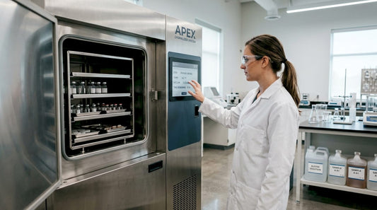Commercial freeze dryer machine with technician nearby