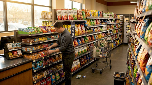 Retail store aisle with neatly stocked snacks