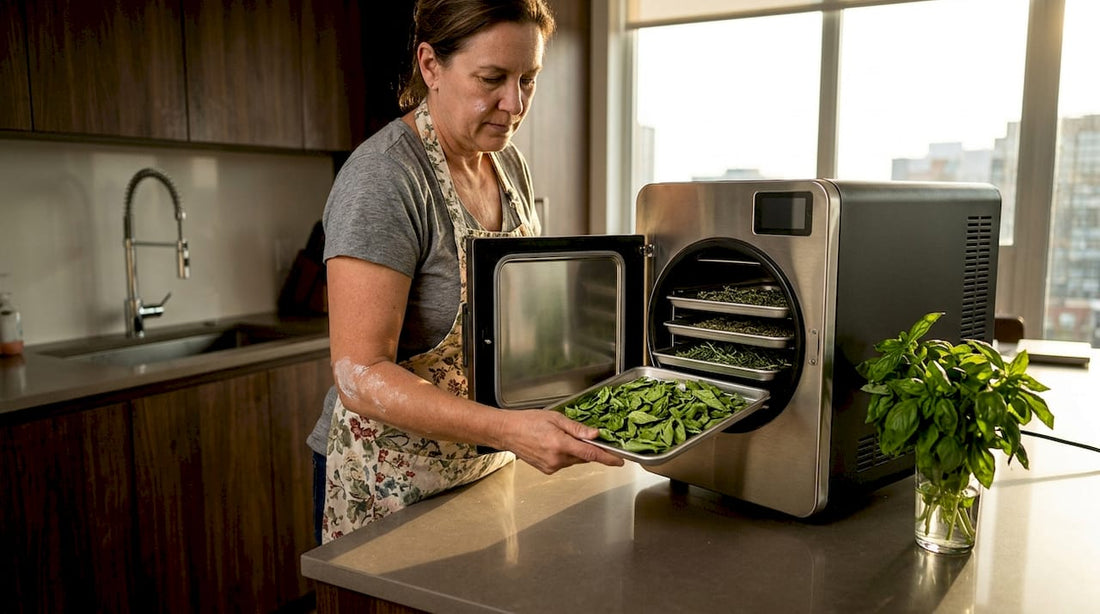 Woman unloading freeze dryer trays in kitchen