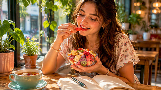 Woman tasting colorful freeze-dried candy indoors