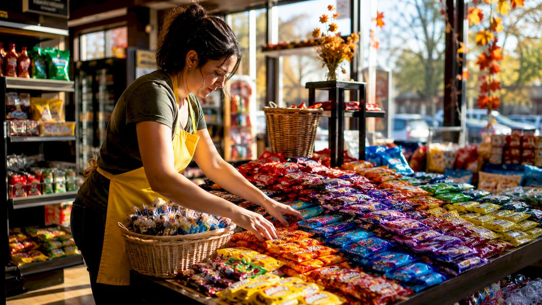 Store manager arranging candy product display