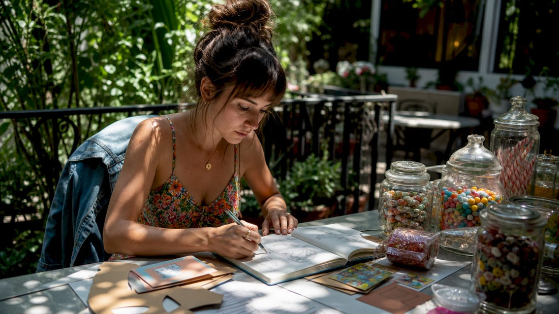 Candy shop owner sketching branding ideas