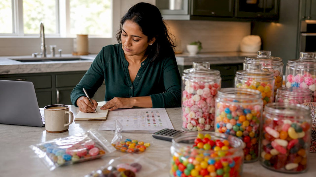 Retailer planning bulk candy order at desk