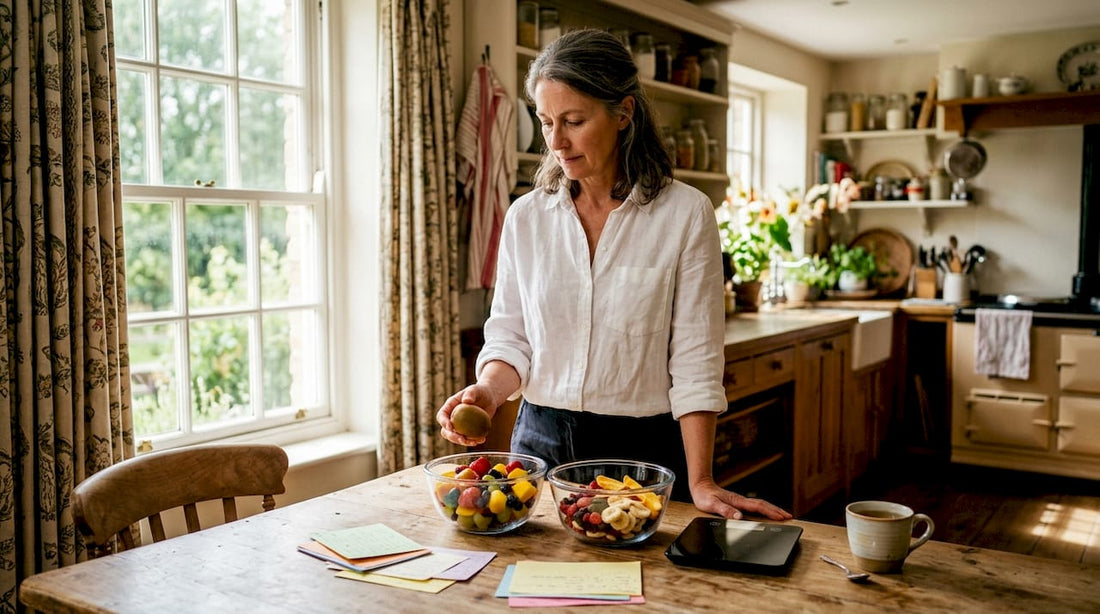 Nutritionist comparing freeze dried and fresh fruit