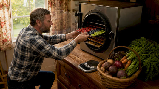 Man loading produce into home freeze dryer machine