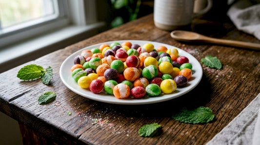 Close-up colorful freeze-dried Skittles on wood