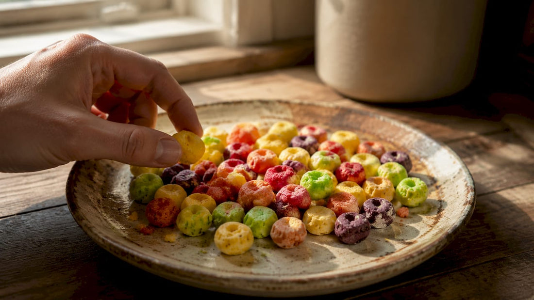 Hand picking up freeze dried Skittle candy