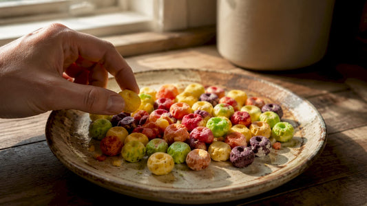 Hand picking up freeze dried Skittle candy