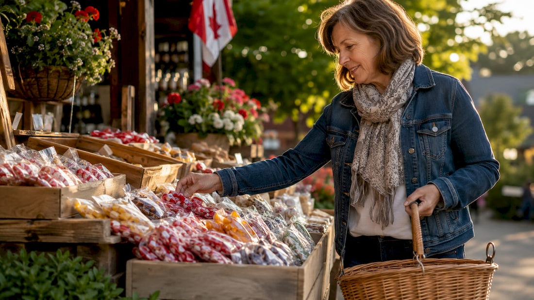 Woman shopping Canadian snacks in store