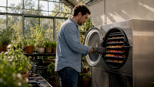 Man inspecting freeze dryer in industrial kitchen