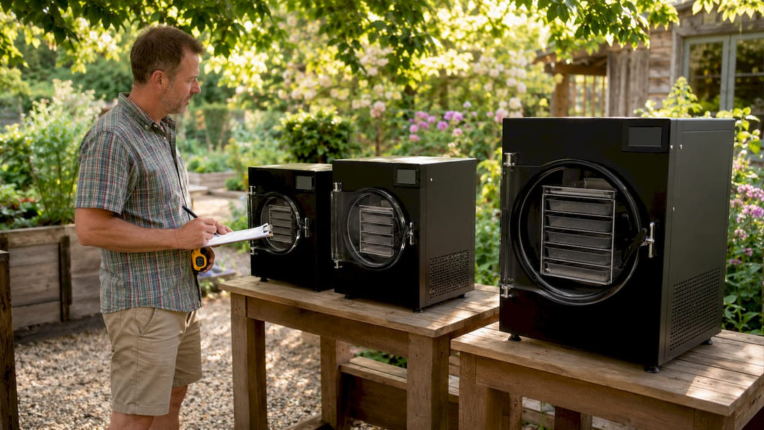 Business owner comparing freeze dryer sizes in warehouse