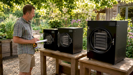 Business owner comparing freeze dryer sizes in warehouse